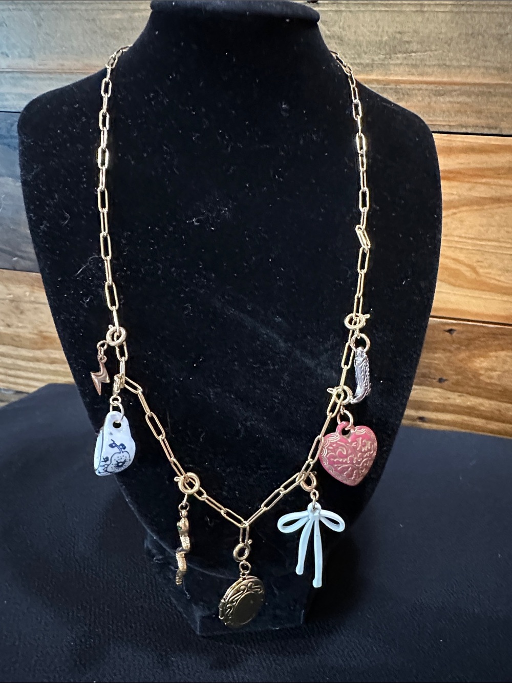 Plunder Gold-Tone Charm Necklace with Red Heart & Pale Blue Bow
